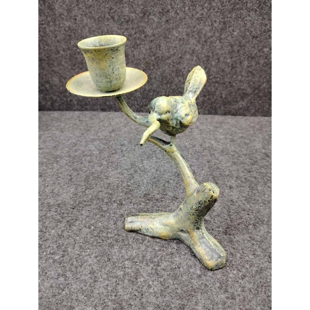 Vintage Verdigris Metal Bird Holding Twig on Branch Candle Holder